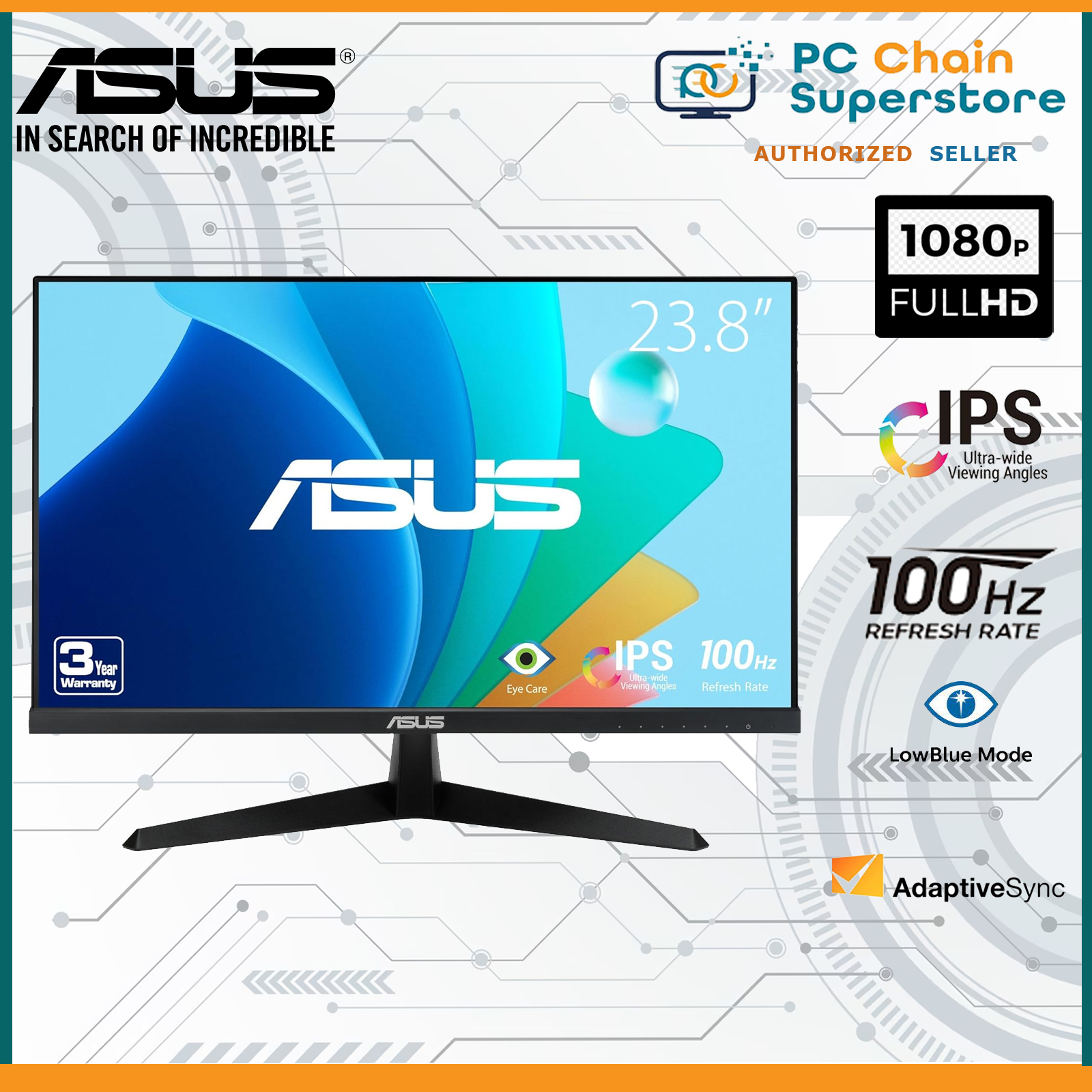 ASUS Eye Care VY249HF - 24 inch Full HD Monitor - 100 Hz, 1ms MPRT, AdaptiveSync - IPS Panel, Vesa 100x100, 16:9, 1920x1080, HDMI