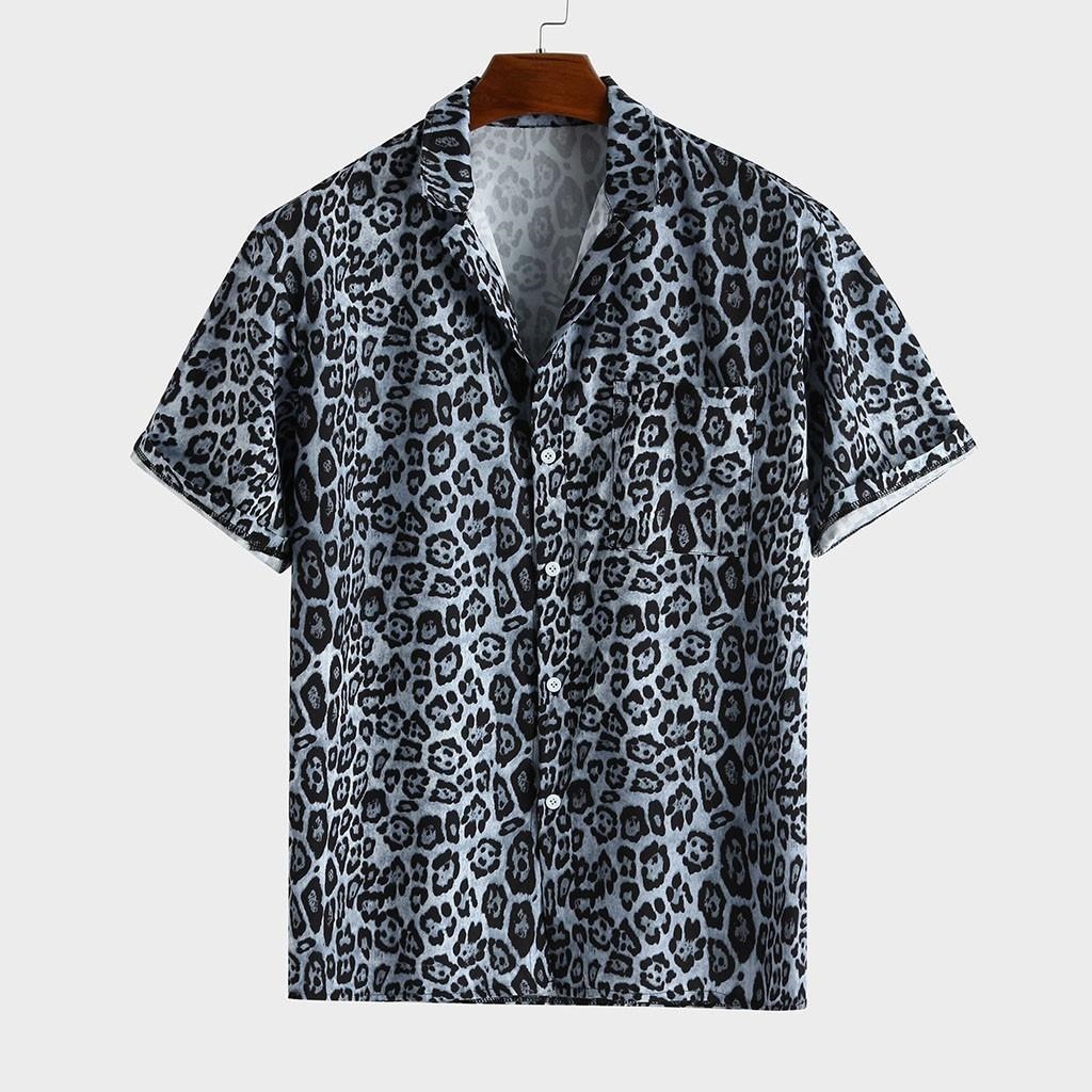 Free Shipping Mens Leopard Printed Chest Pocket Turn Down Collar Short  Sleeve Casual Loose Shirt | Lazada PH