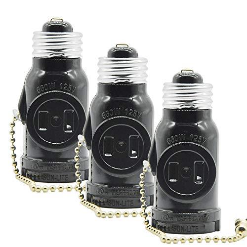 Dual Outlet Light Socket Adapter, with Pull Chain White (3 Pack
