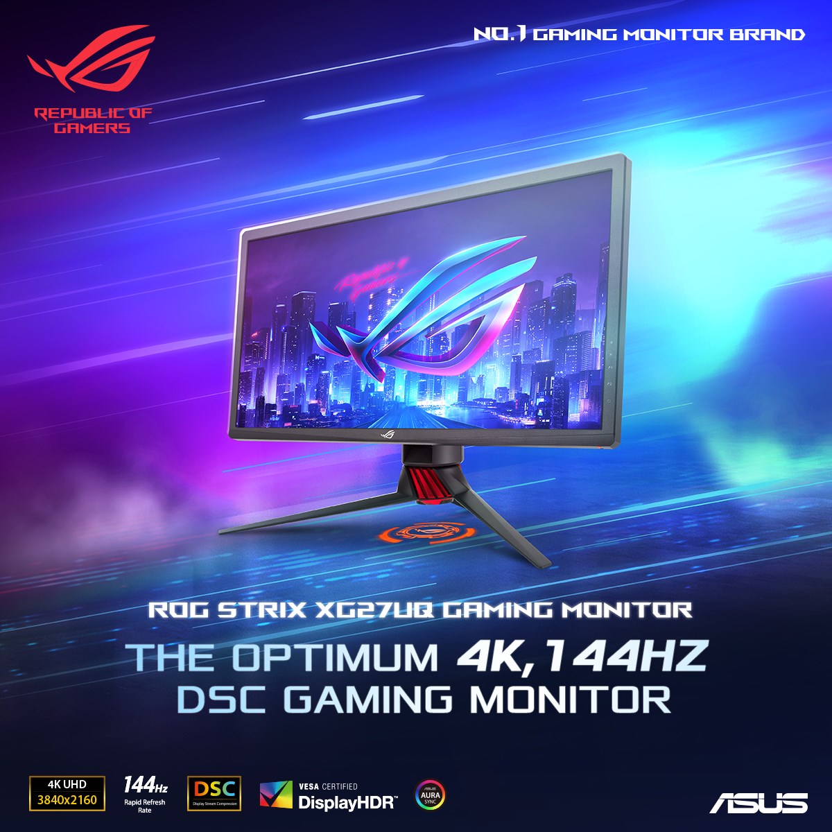 ASUS ROG Strix 27 4K HDR DSC Gaming Monitor (XG27UQ) - UHD (3840 x 2160),  IPS, 144Hz, 1ms, Adaptive-Sync, G-SYNC Compatible, DisplayHDR 400, 90%