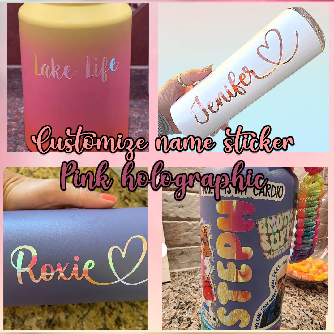 Customized Pink holographic name vinyl sticker , decal Name Logo