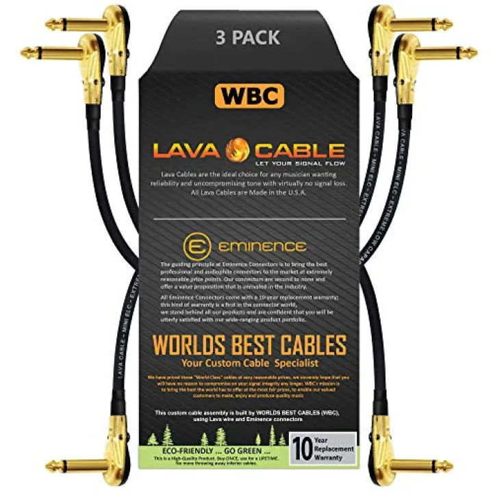 Guitar Bass Effects Instrument Black - 11 Inch Patch Cable with Premium Gold Plated /¼ Inch Right Angled Pancake Type TS Connectors 6.35mm Lava Mini ELC Low-Profile