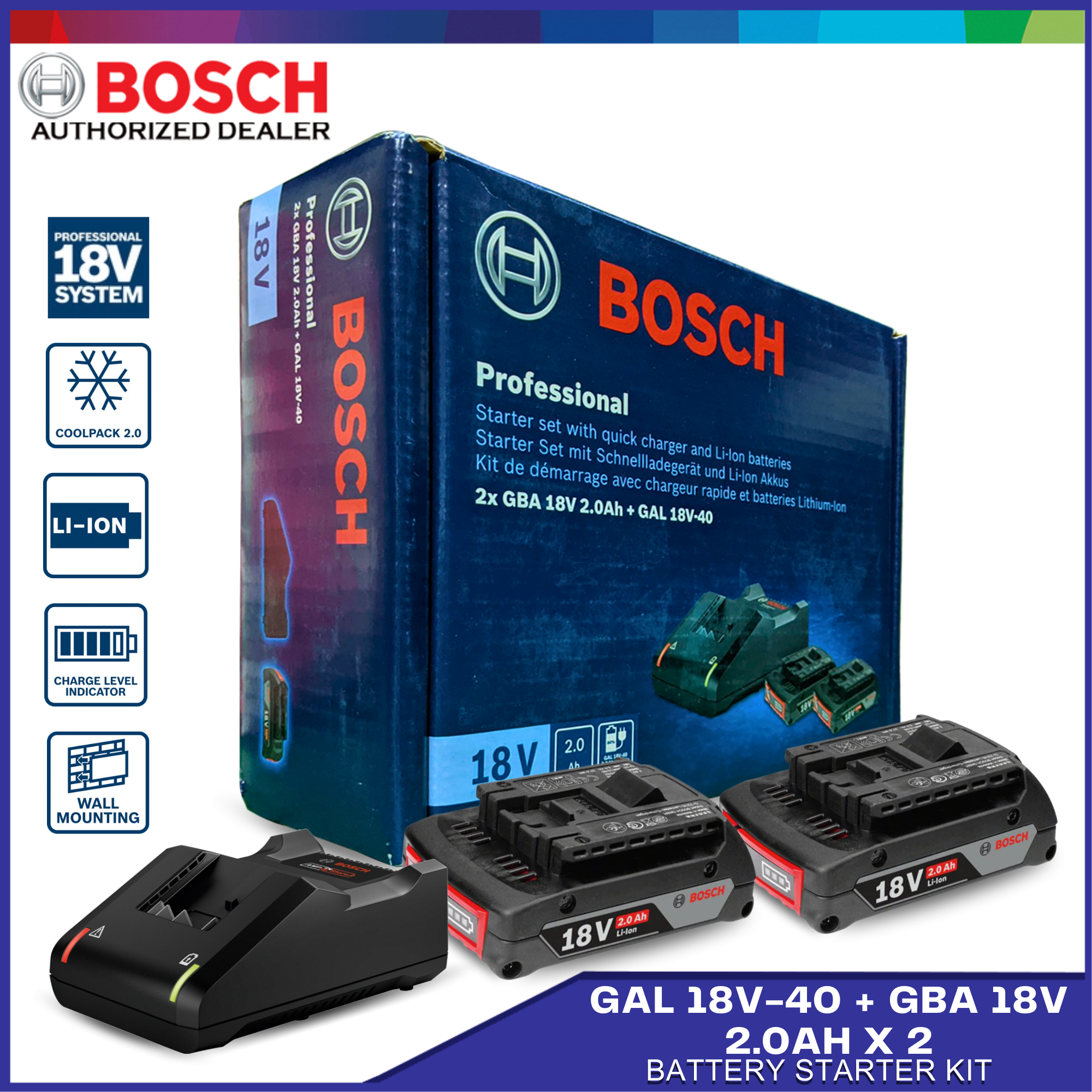 Bosch 18V Starter Kit 2x 2.0AH + GAL 18V-40 [Battery & Charger Bundle]