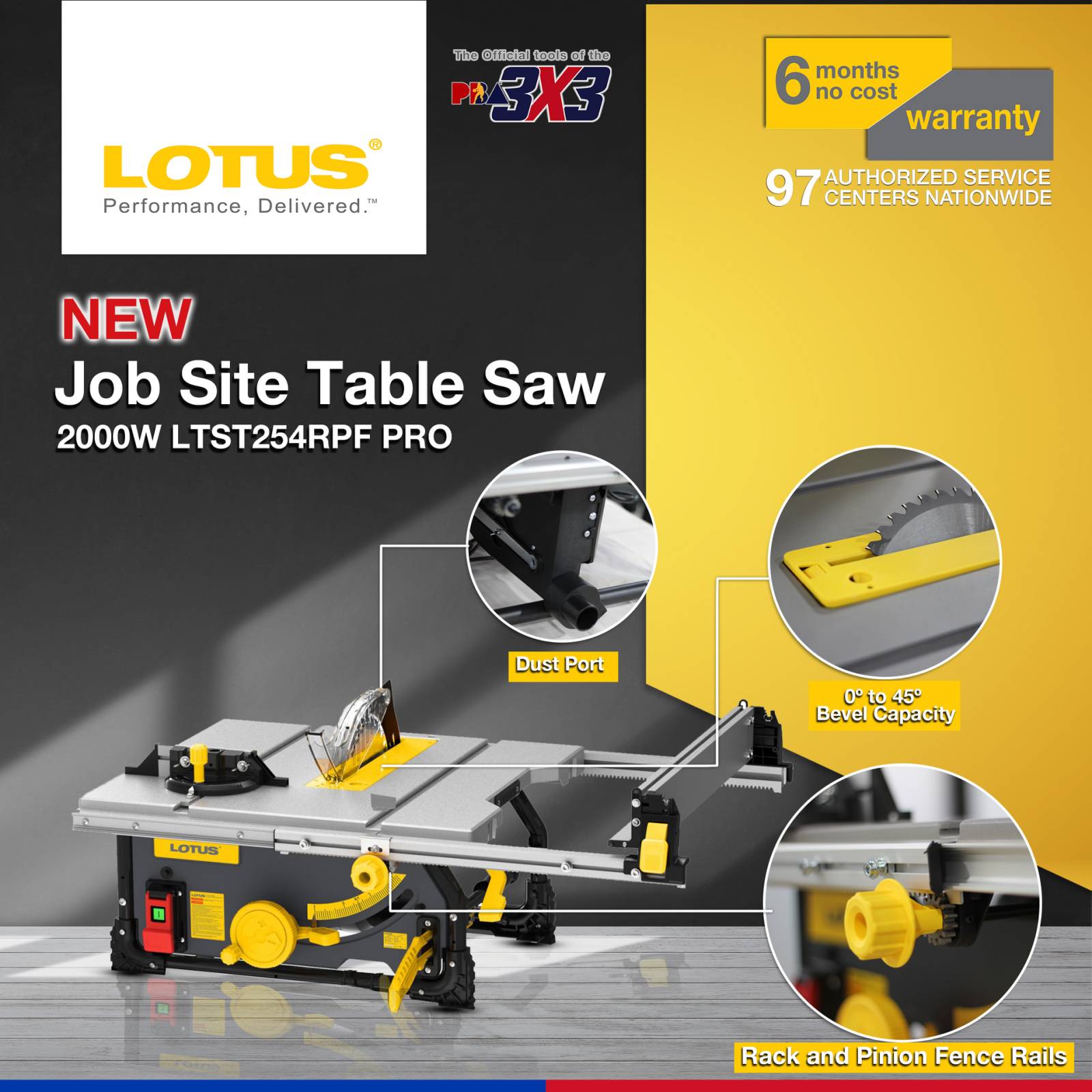 Lotus 2000W Jobsite Table Saw PRO LTST254RPF RACK & PINION FENCE