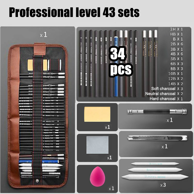 YOWEII 43PCS/SET Professional Drawing Sketch Pencil Set Charcoal Eraser