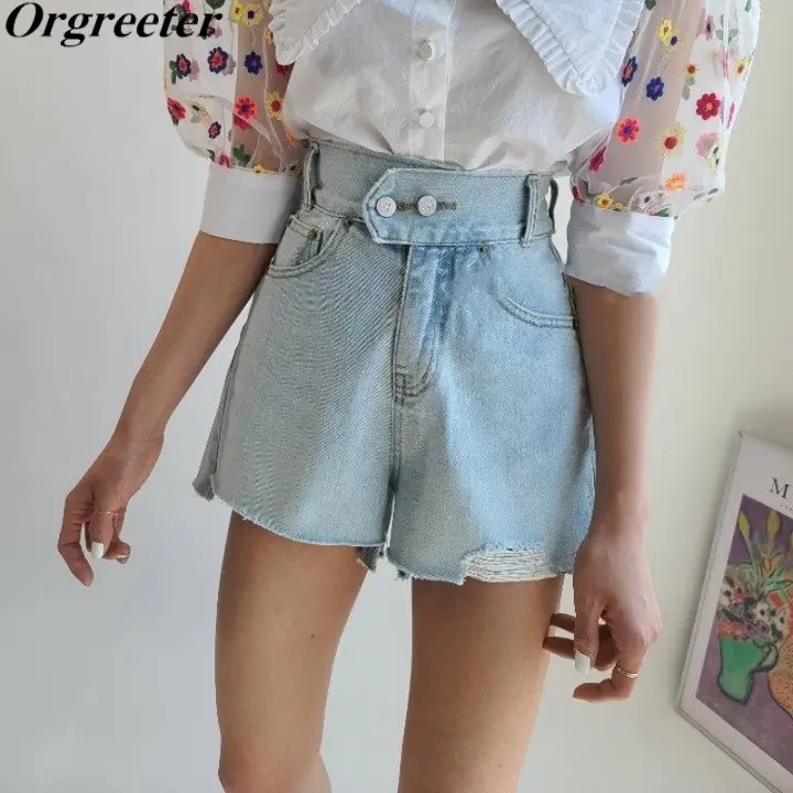 Streetwear Fashion Chic Ripped Edges Denim Shorts Women Double Button Light Blue Denim Shorts Summer Female Jeans Shorts Lazada Ph