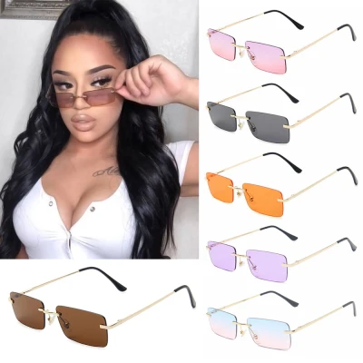 JUTBONG Fashion Eyeglasses Small UV400 Gradient Glasses Sun Glasses Rectangle Rimless Women Vintage Sunglasses