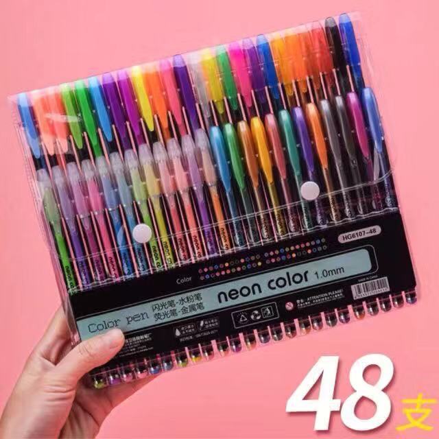 AS ZUIXUAN 48 Pcs Color Gel Neon color Pen Set Coloring Book Ink Pens  Drawing Painting Craft Art Neon