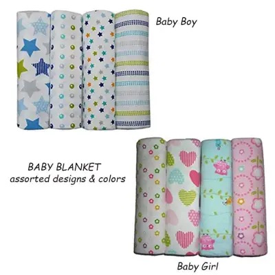 4 PCS in A PACK ASSORTED COLORS AND DESIGNS RECEIVING BABY BLANKET ( AVAILABLE DESIGNS FOR BABY GIRL)
