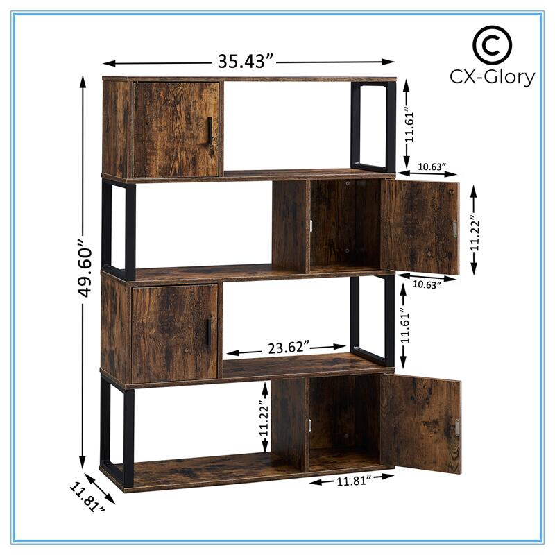 cxgloryBookcase Rustic Bookshelf with Storage Metal and Wood