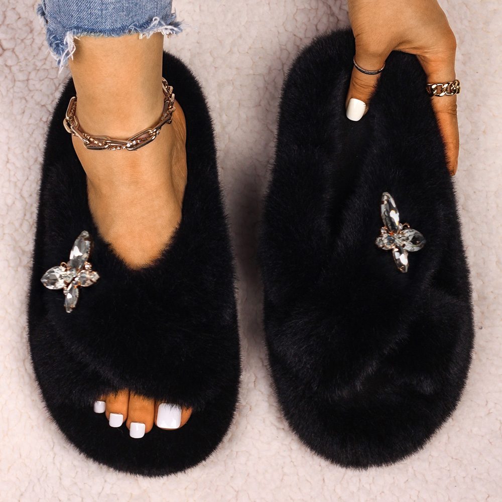 women faux fur rhinestone casual slip on slippers