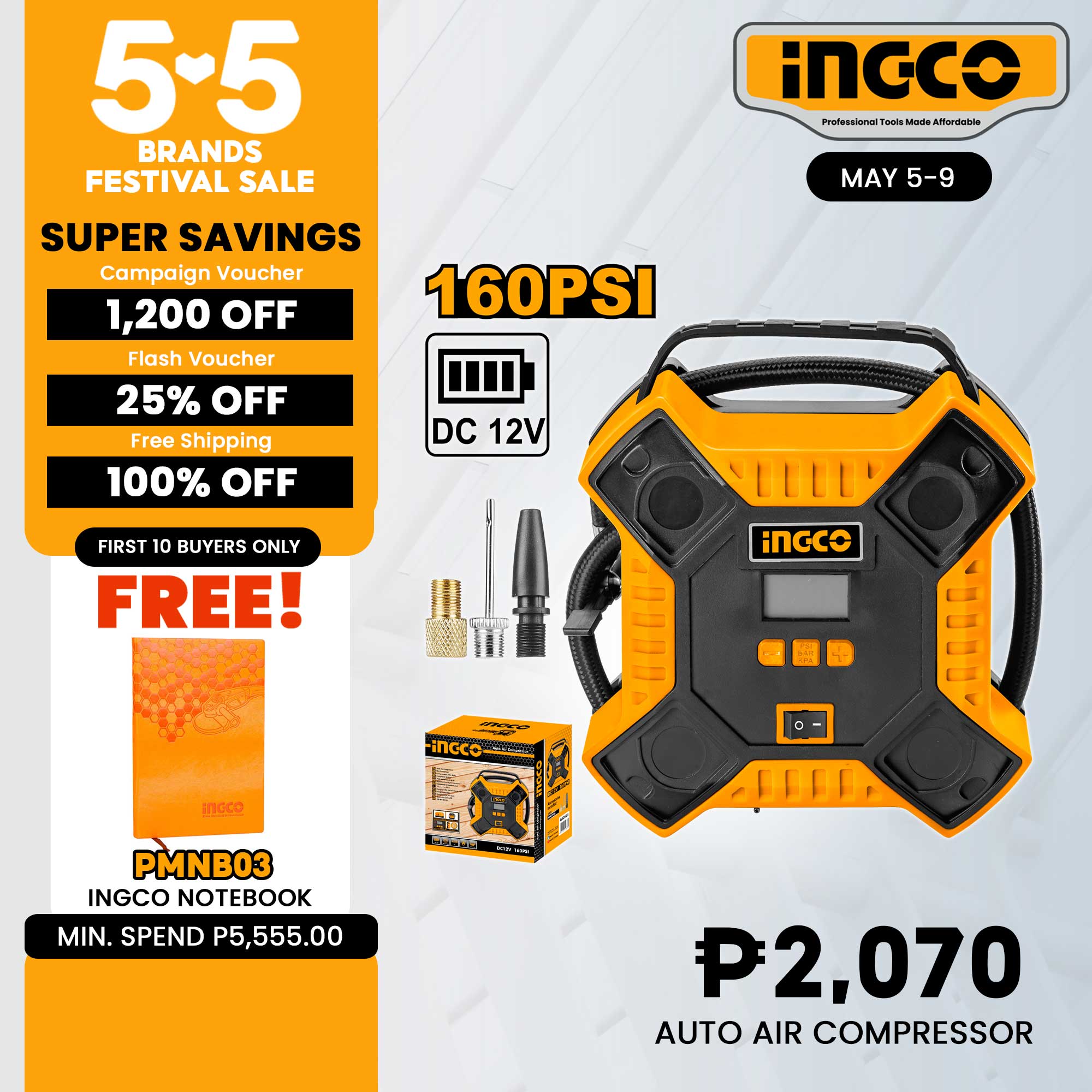 INGCO Auto Air Compressor Tire Inflator 12V For Car AAC1601 IPT | Lazada PH