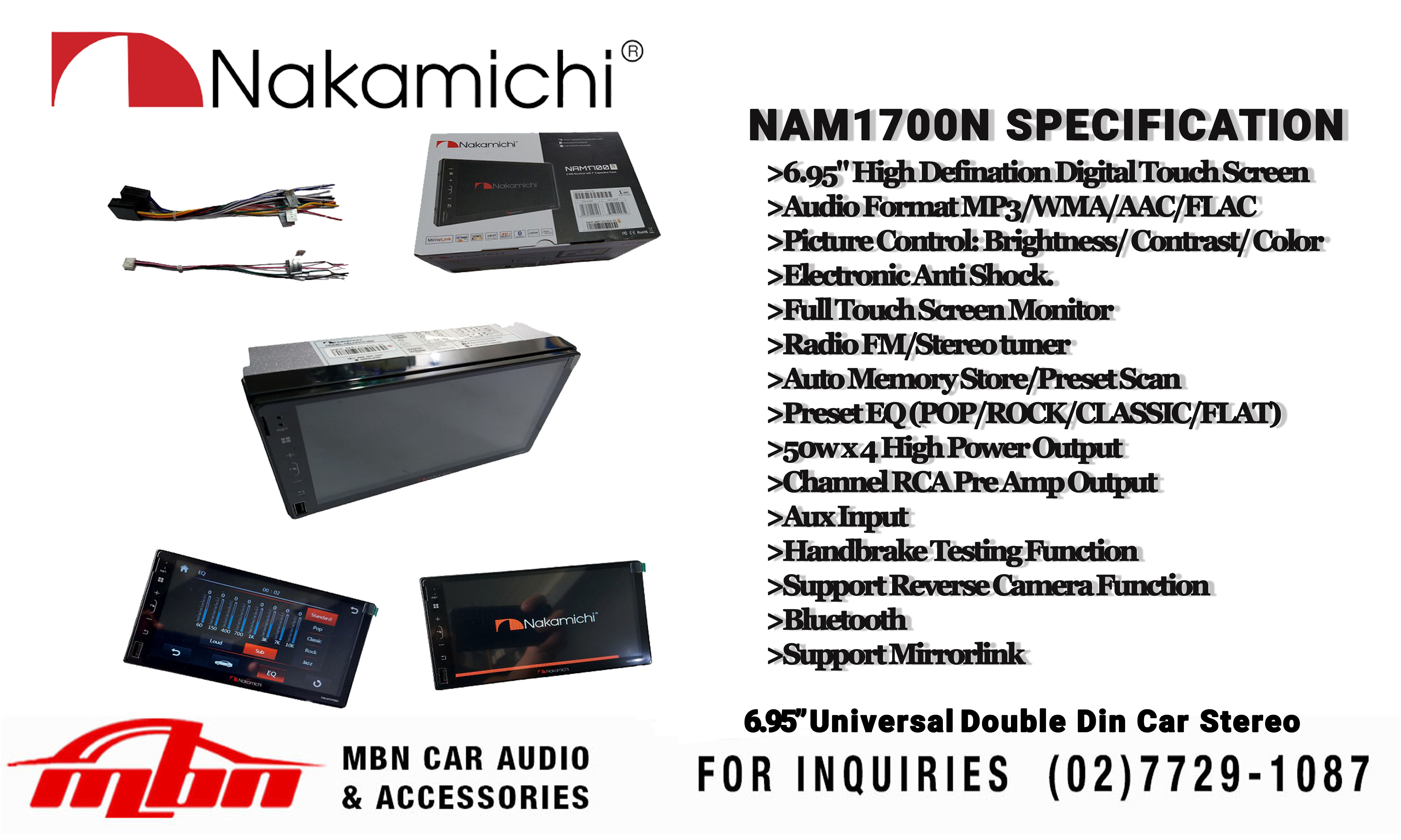 6.95" Nakamichi NAM1700N Double Din Universal Car Stereo, Bluetooth