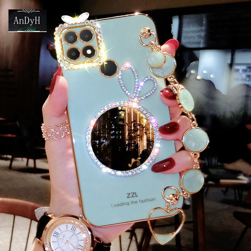 Andyh precise camera protection case for oppo realme c12 c15 c25 c25s c20 c11 2021 c30 c33 c30s cases bunny makeup mirror with gemstone bracelet