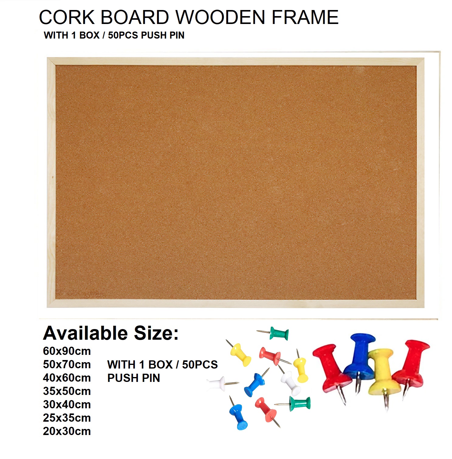 Cork Board Bulletin Board Wooden Frame with 1box/50pcs Push Pin | Lazada PH