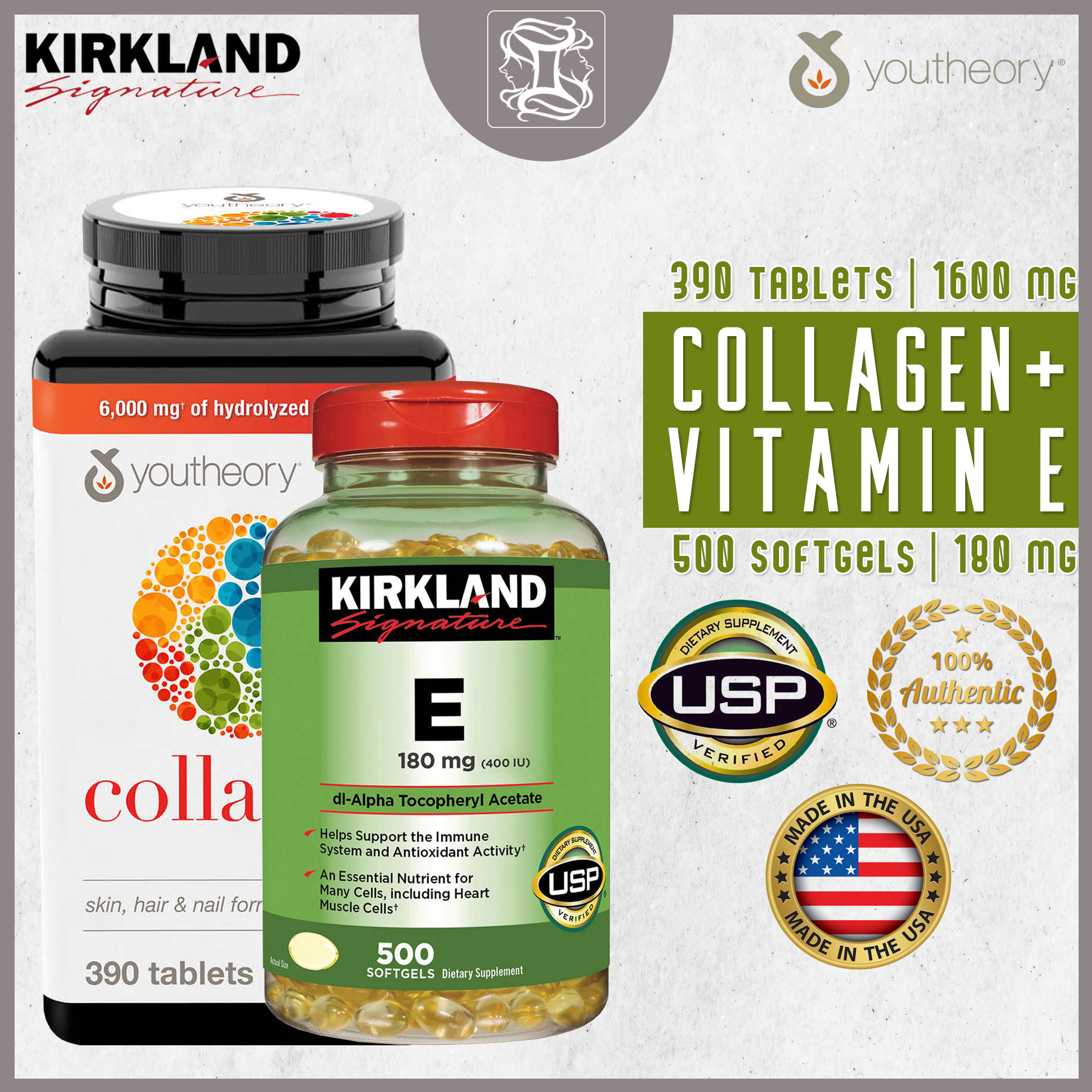 Youtheory Collagen (390 Tablets) + Kirkland Vitamin E (500 Softgels