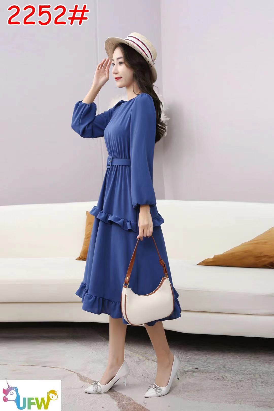 XLH FASHION] #2252 Women's Fashionable Casual Long Sleeve Chiffon Dress  with Belt