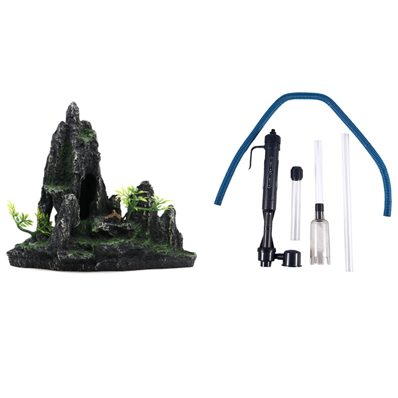 Battery Fish Tank Vacuum Cleaner Pump Water Filter & Resin Mountain View Stone Fish Tank Ornament Green Fake Plant