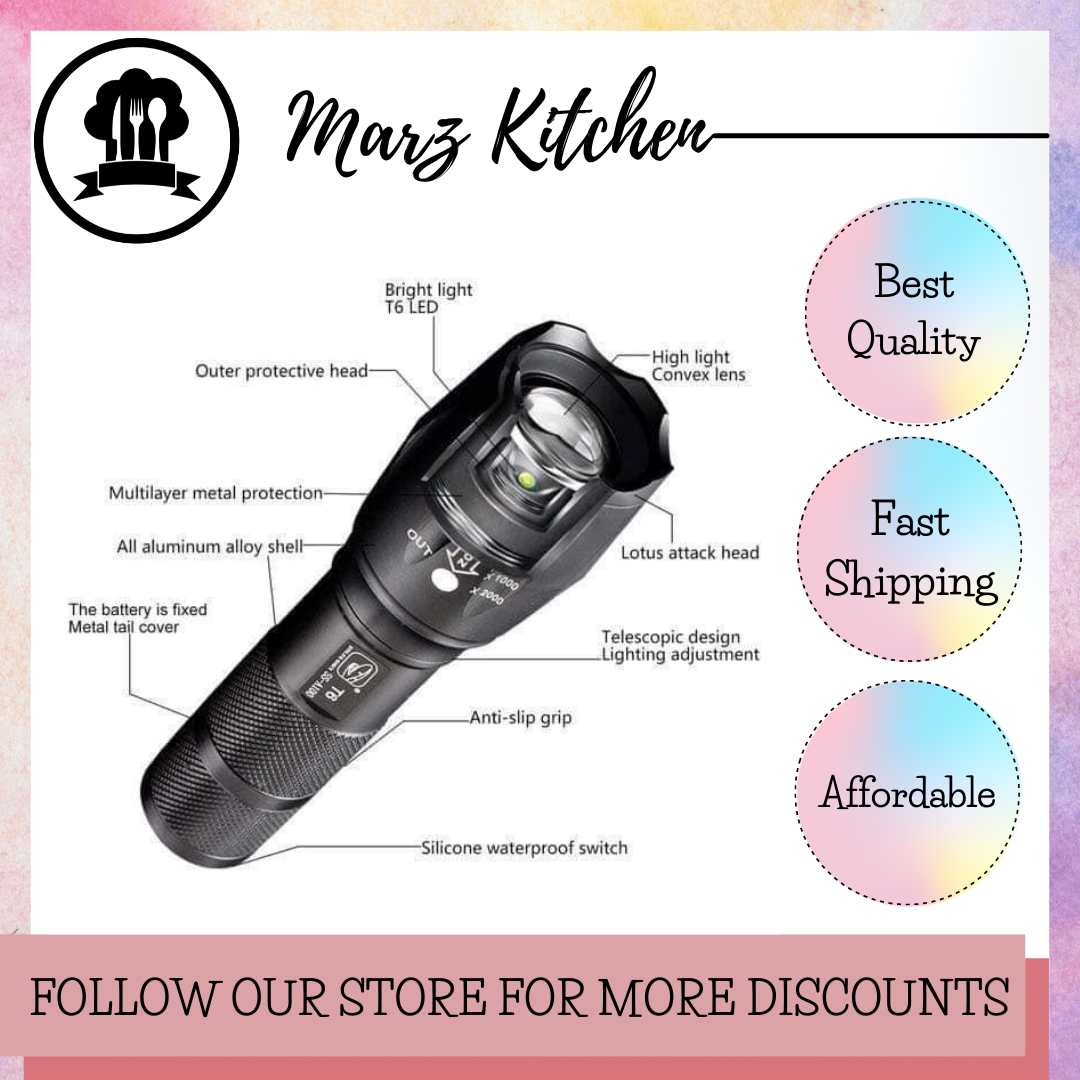 Marz Kitchen Rechargeable Tactical Flashlight LFX1000 (18650 Battery and Charger  Included) High Lumens LED, Super Bright, Zoomable, Modes, Water  Resistant Best Camping, Emergency Flashlights Lazada PH