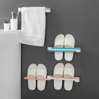 1pc Foldable 3IN1 Wall-mounted Slipper Rack Bathroom Tower Racks Perforation-free Shelf Wall 3 Holes Hanging Shoes Towel Home Cabinet Slippers Holder Strong Sticky Plastic Waterproof Bath Drain Fold L-Sweet Simple Space-Saving Creative Folding