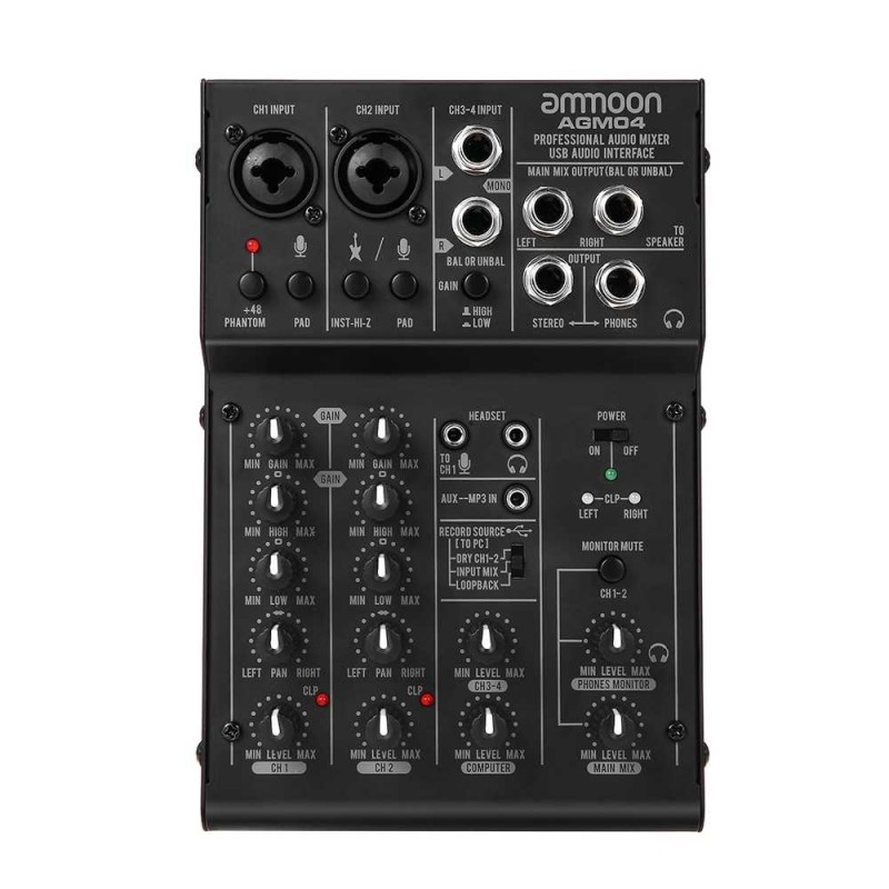 ammoon 4Channel Mini Mixing Console 2band EQ Builtin 48V Phantom
