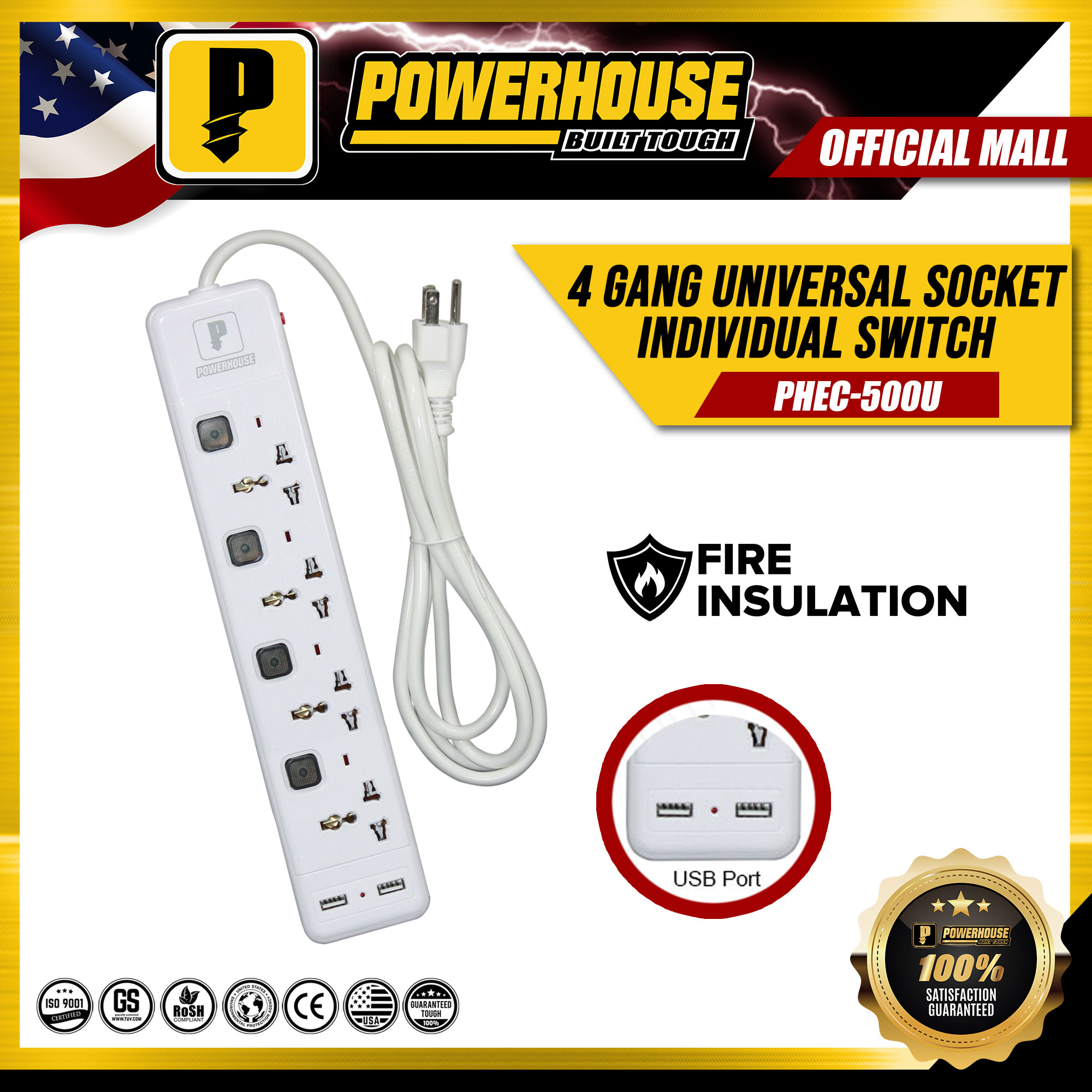 POWERHOUSE Electric Extension Cord with Individual Switch, USB and