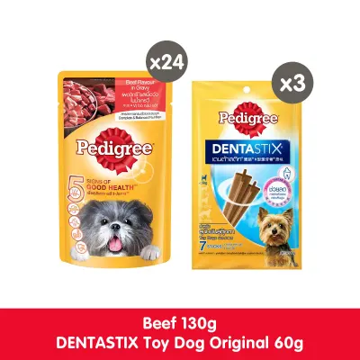PEDIGREE ® Adult Beef Pouch Wet Dog Food Case of 24 (130g) + Dentastix Toy Pack of 3 60g