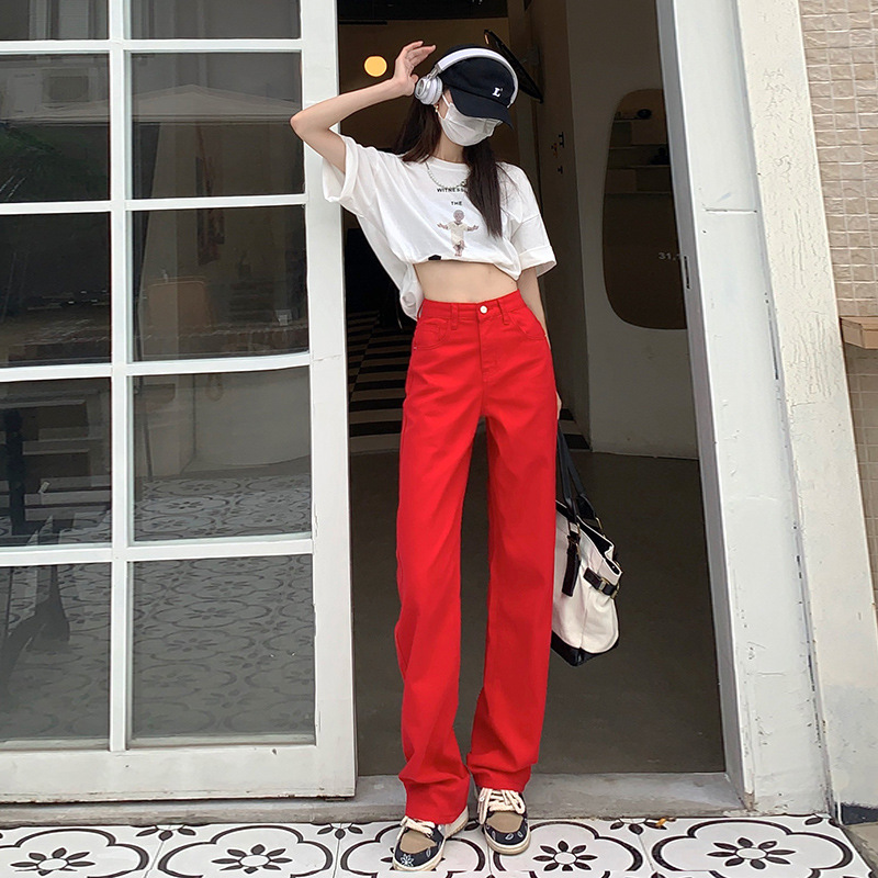 Red High Waist Jeans for Women New Style Korean Straight Leg Pants Fashion  Loose Casual Trousers Wide Leg Pants