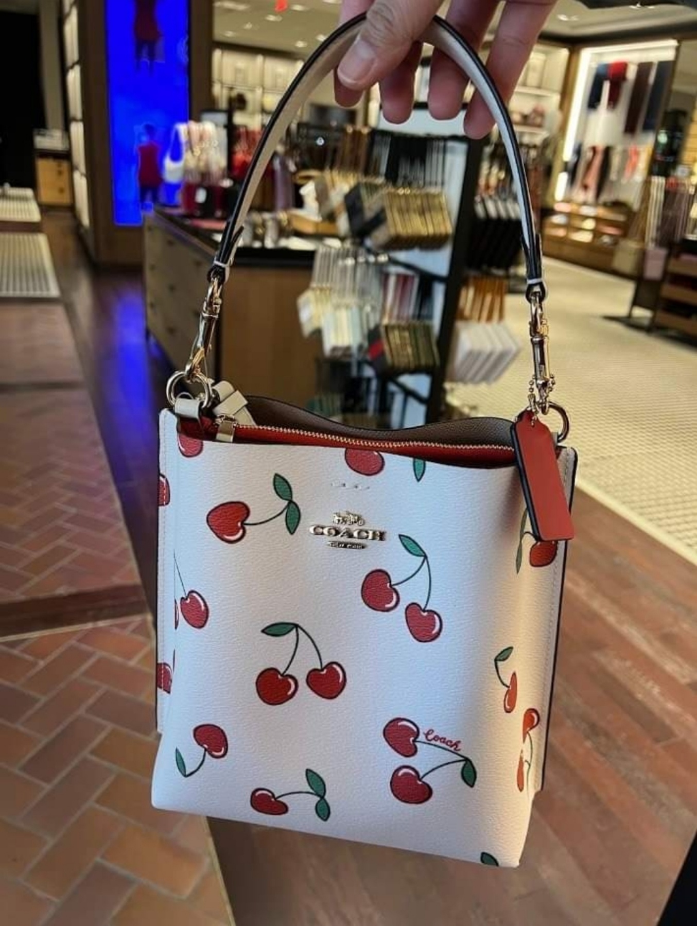 Coach cf422 Mollie Bucket 22 With Heart Cherry Print In Gold/Chalk