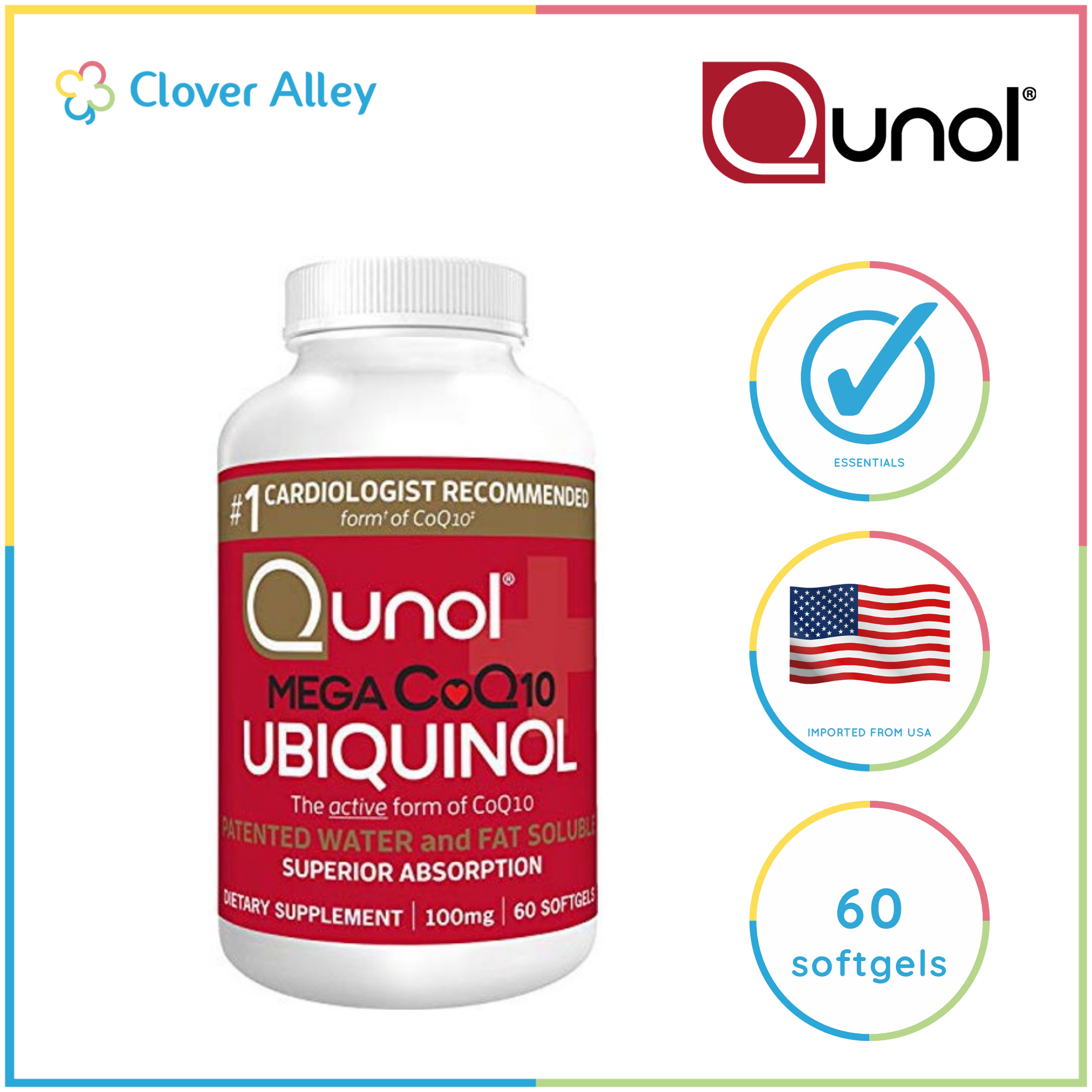 Qunol Mega Ubiquinol CoQ10 100mg, Superior Absorption, 60 Softgels (11/