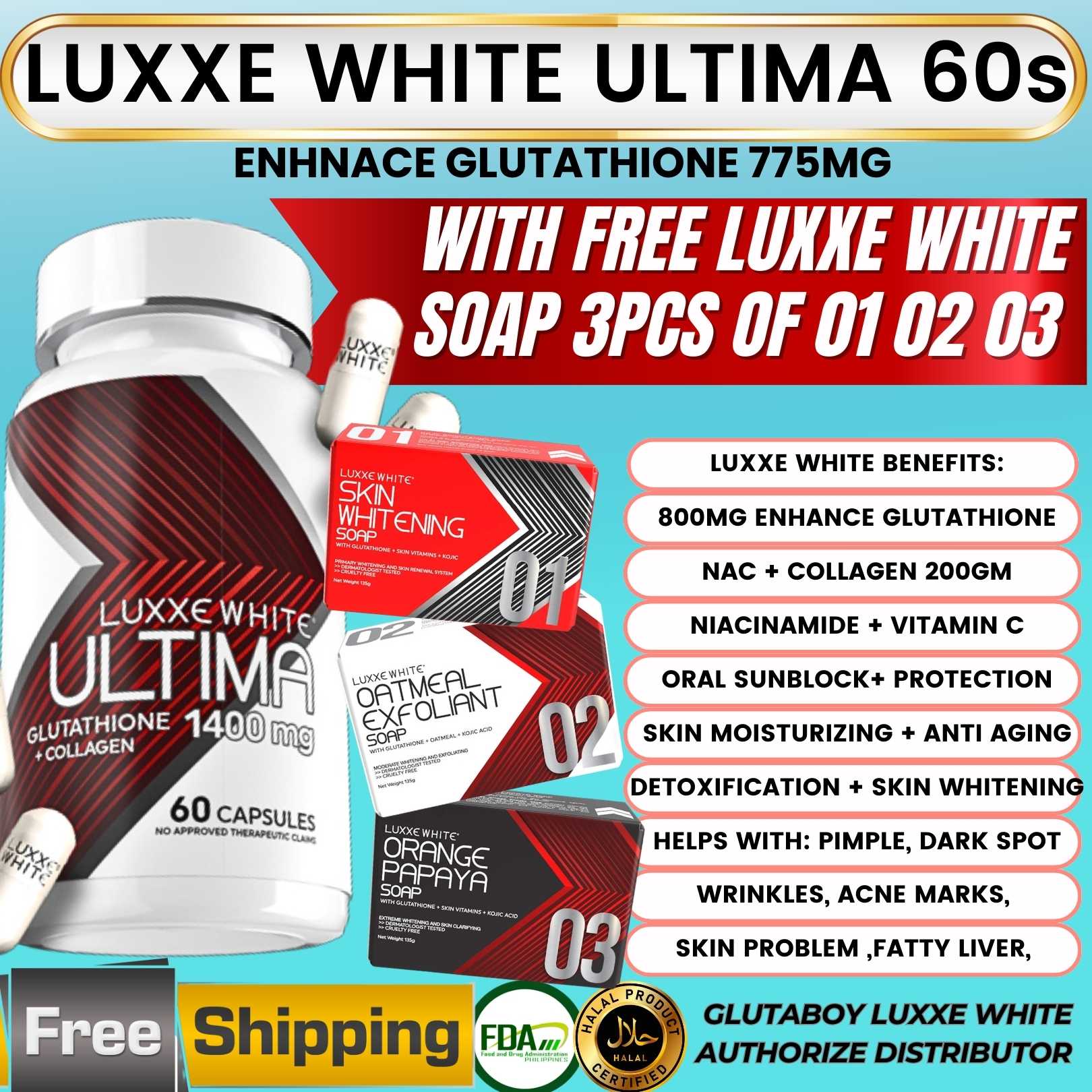 FRONTROW LUXXE WHITE ULTIMA 60s 1400MG GLUTATHIONE WITH COLLAGEN AND NIACINAMIDE BENEFITS PAMPAPUTI ORAL SUNBLOCK ORAL MOISTURIZING FOR ACNE PIMPLE SKIN WHITENING DARK SPOT VITAMIN C E HALAL FRONTROW S ACETYL beauty