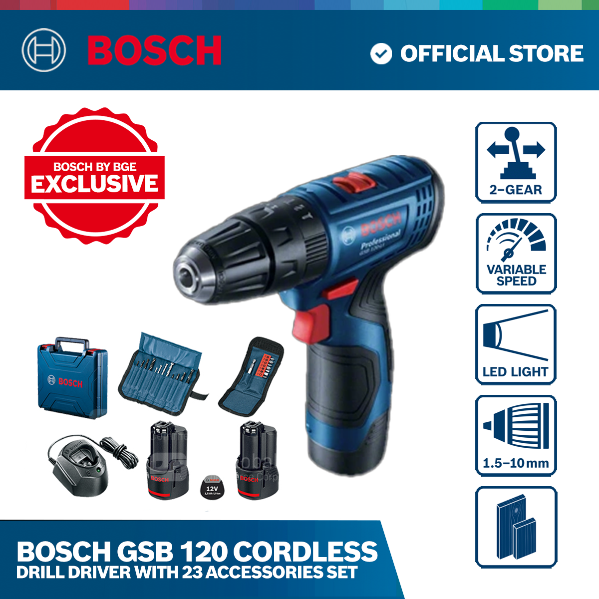 Bosch GSB 120 Cordless Impact Drill with 23pc. Accessories Set