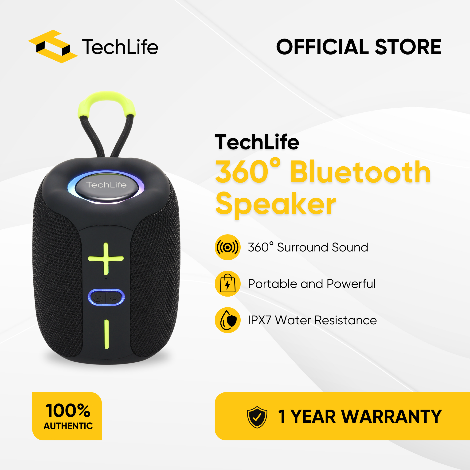TechLife 360° Bluetooth Speaker,Portable and Powerful,IPX7 Water
