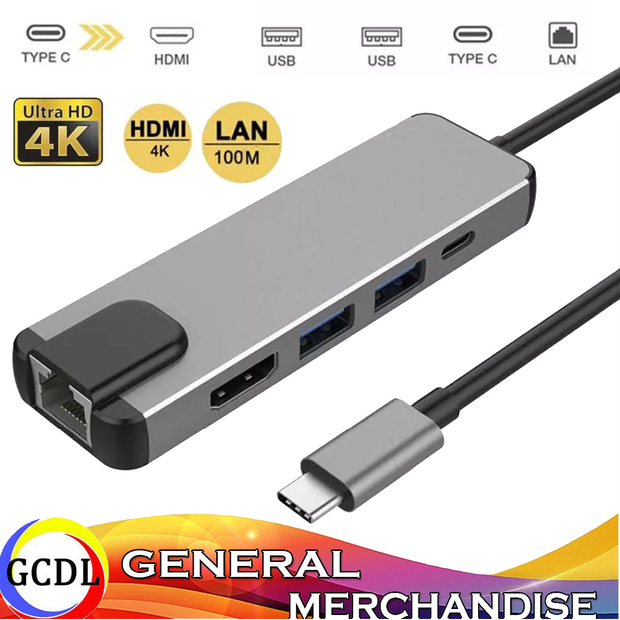 5 In 1 USB Type C Hub HDMI Rj45 Lan Adapter For Macbook Air Thunderbolt