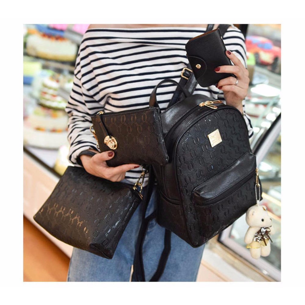 4 in 1 Korean Leather Backpack Bag Set School Bag with Bear Korean