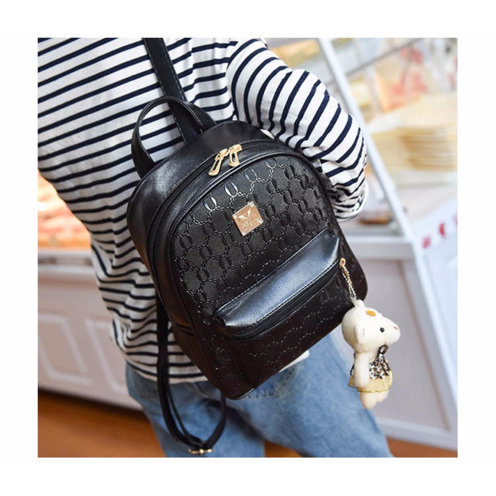 4 in 1 Korean Leather Backpack Bag Set School Bag with Bear Korean