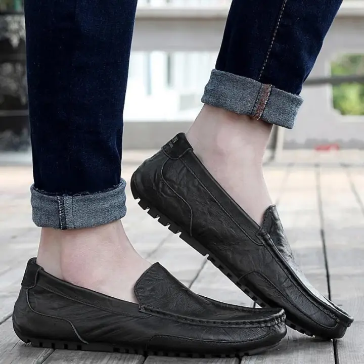 black leather shoes slip on