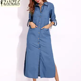 long denim button up dress
