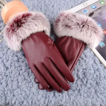 womens black leather gloves with fur