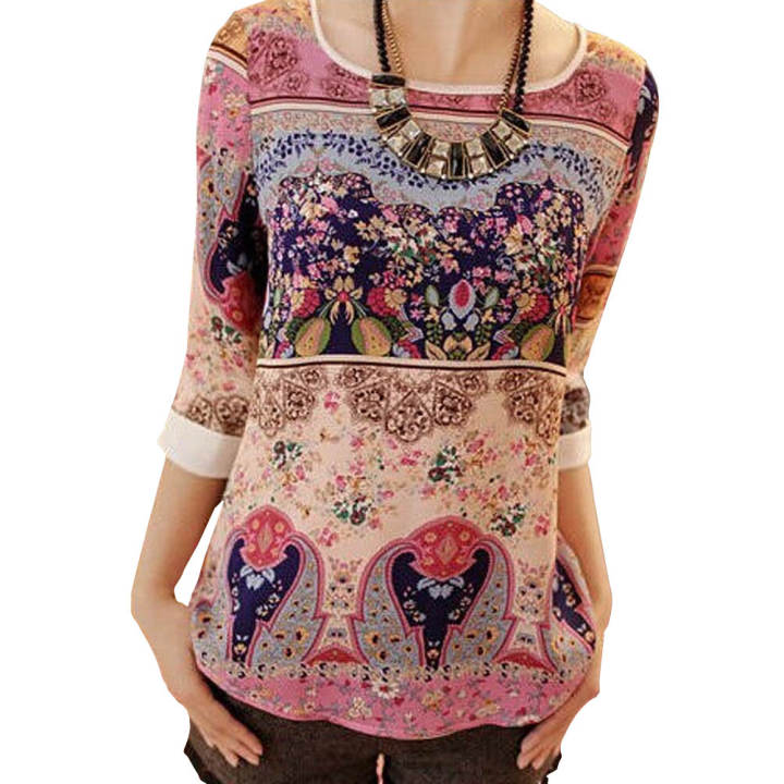 YBC Women Summer Lace Printed Long Sleeves Blouse Loose Casual Wear ...