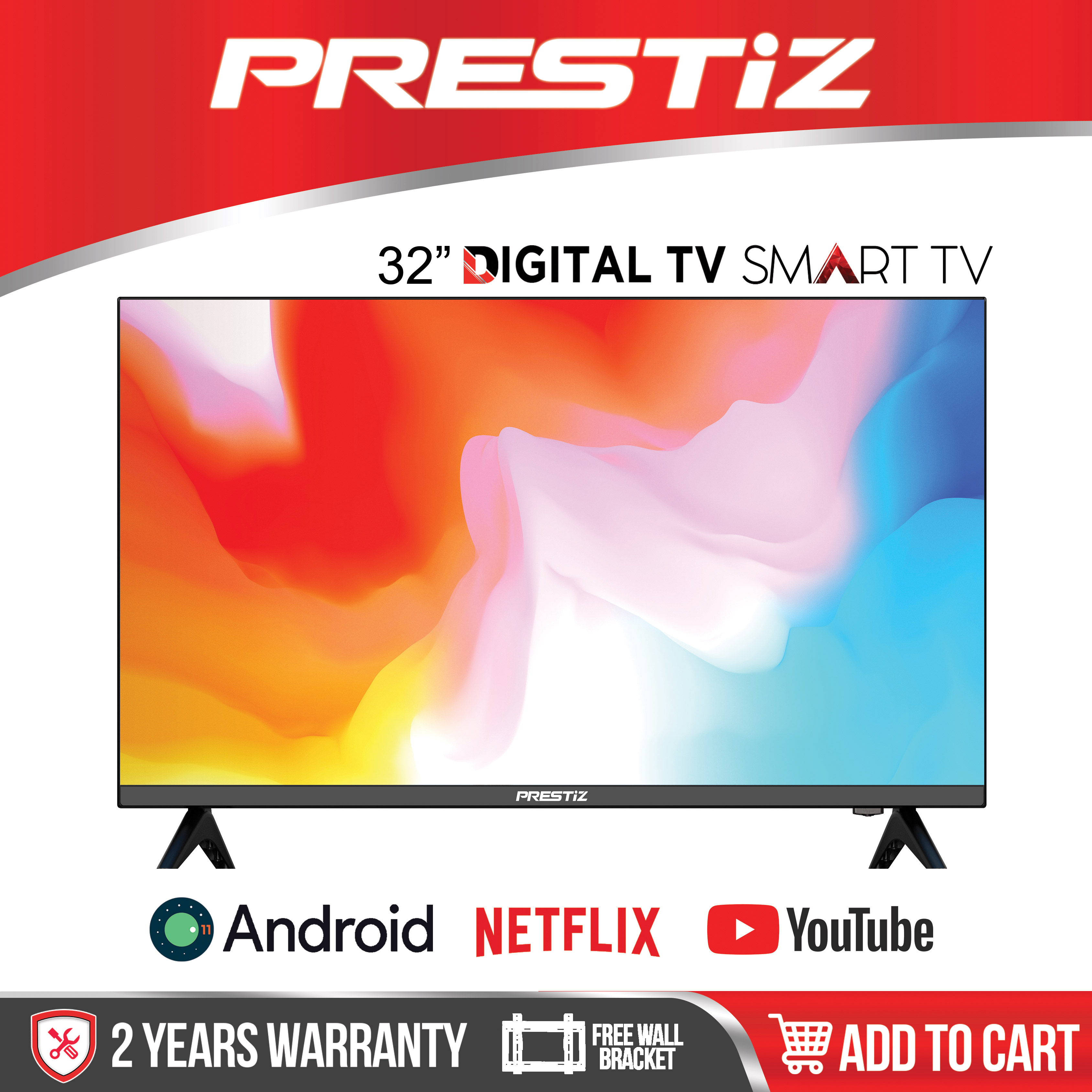 PRESTIZ 32" Smart Android 11 Digital TV With Free Wall Mount & Remote