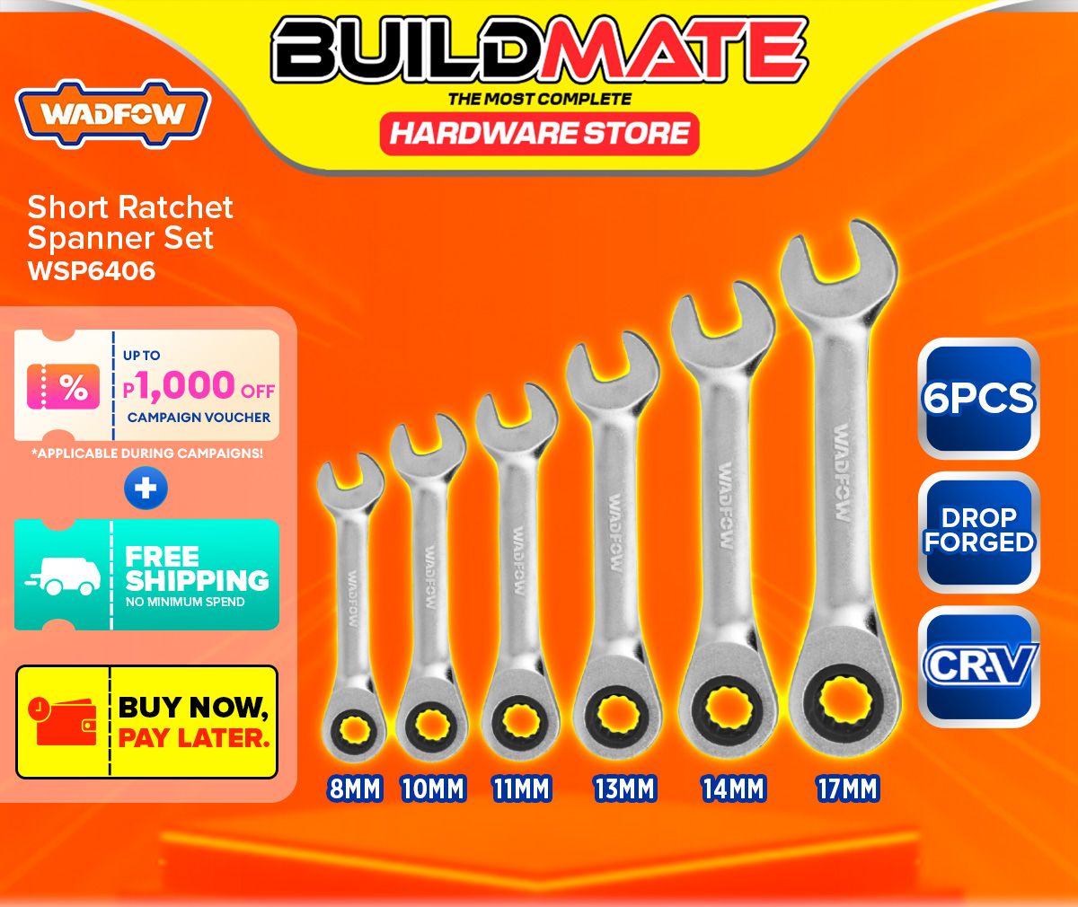 BUILDMATE Wadfow 6PCS Short Ratchet Spanner Set 8-17mm Cr-V Stubby