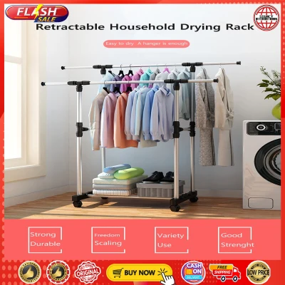 ORIGINAL ADJUSTABLE DOUBLE RAIL GARMENT RACK WITH SHOES SHELF ON WHEELS ADJUSTABLE DOUBLE POLE TELESCOPIC STAINLESS STEEL CLOTHES RACK HIGH QUALITY AUTHENTIC ADJUSTABLE DOUBLE RAIL GARMENT RACK WITH SHOES SHELF ON WHEELS ADJUSTABLE DOUBLE POLE TELESCOPIC