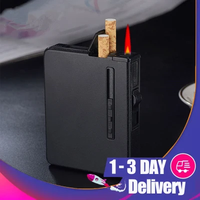 9 pcs CigaretteRefillable Superior QualityCigarette Case & Lighter Automatic Ejection Butane Windproof Metal Box Capacity 9PCSCigarette（Black）