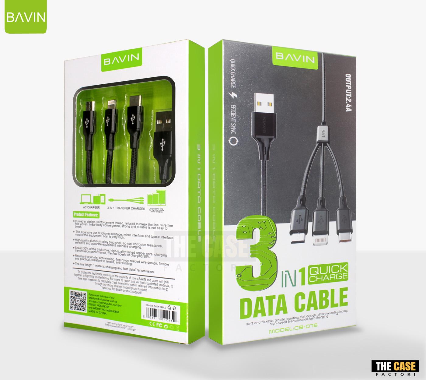 Bavin 2.4A 3in1 Fast Charge Fabric Nylon Data and Charging Cable ...