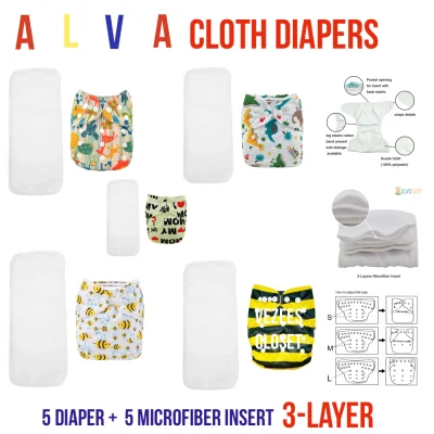 Alva 5 Sets Washable Cloth Diapers Set with MF Prepacked Will Ship RANDOM Designs Only