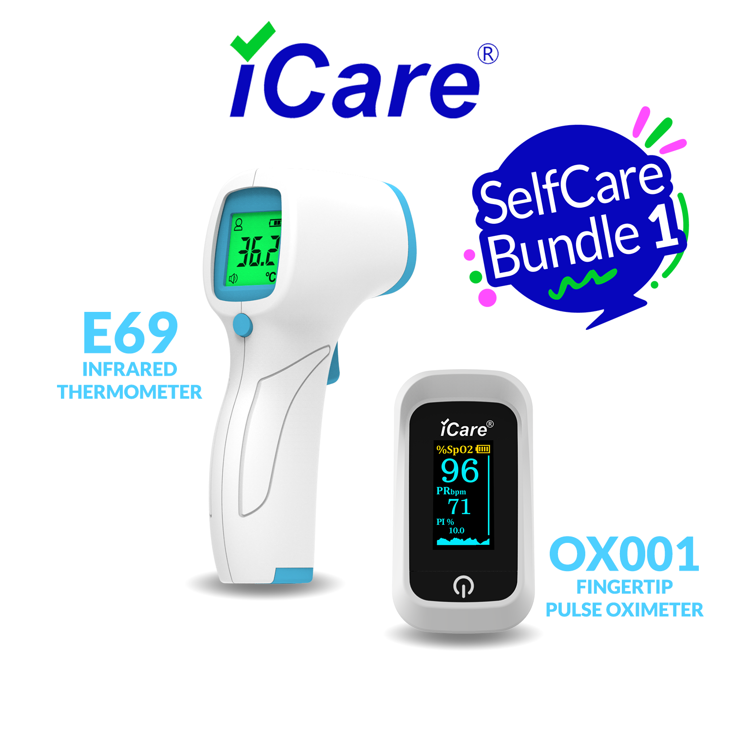 iCare®SelfCare Bundle 1 OX001 Fingertip Pulse Oximeter + E69 Forehead