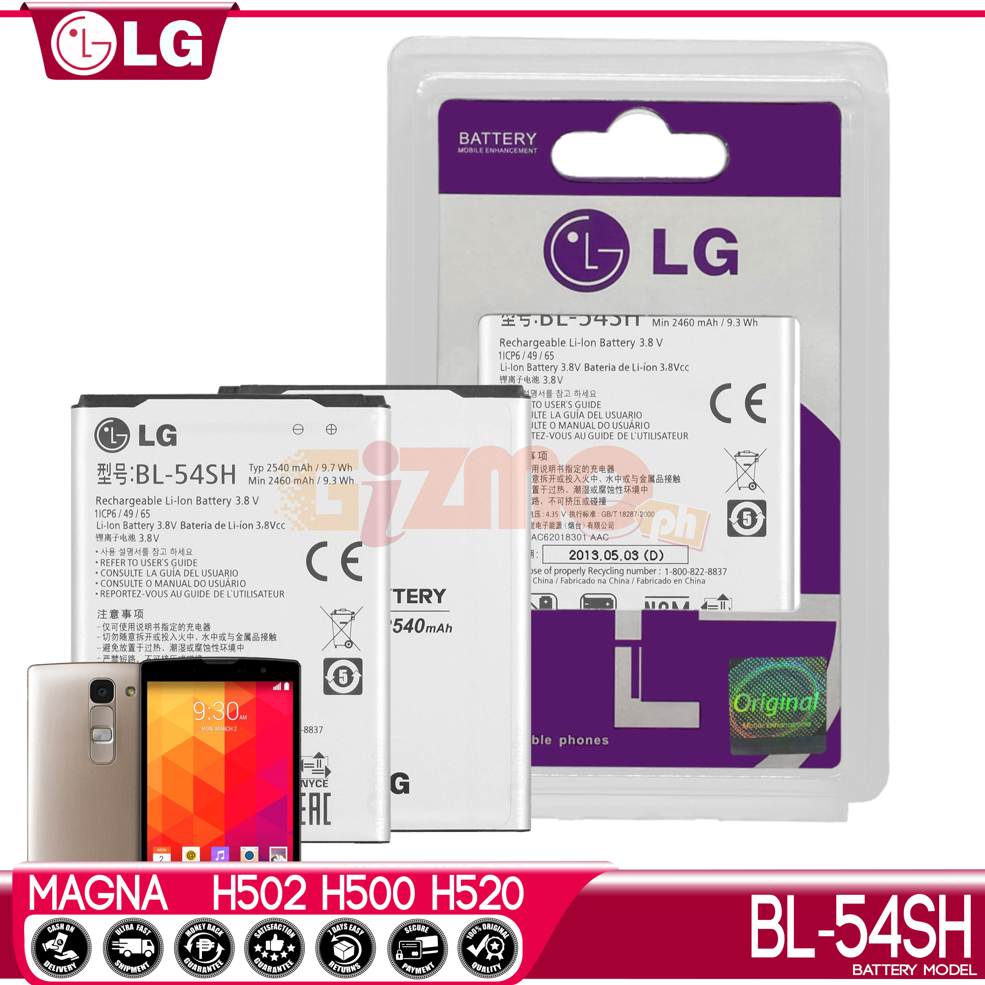 LG Magna H502 Battery Model BL-54SH L90 / D405 / D415 Original Capacity  High Quality Li-Ion 2540mAh Compatible to your Smart Phones Support Fast  Charger Long Lasting Original Equipment Manufacturer  BL54SH |