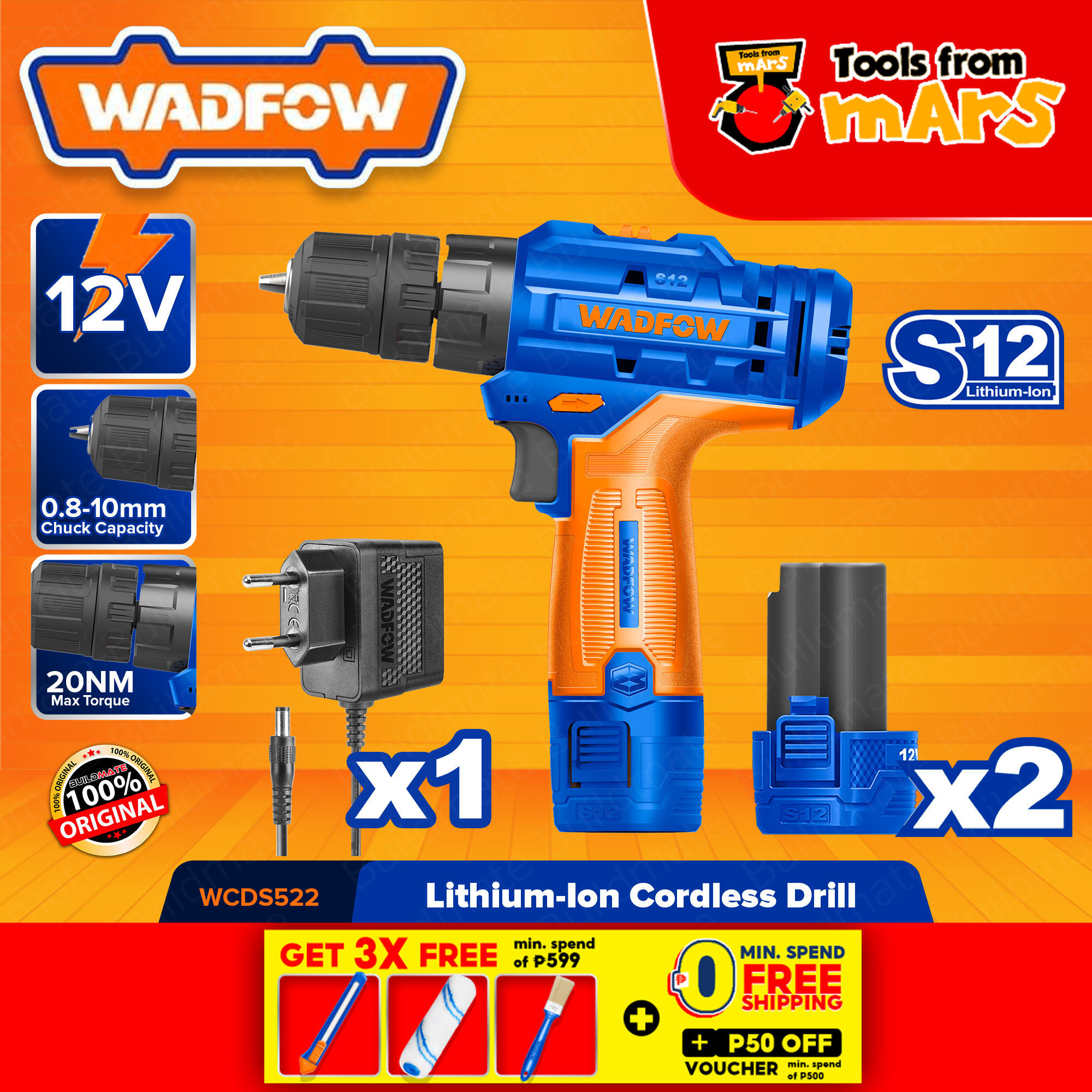 WADFOW LithiumIon LiIon Cordless Drill Gun 12V With Battery & Charger