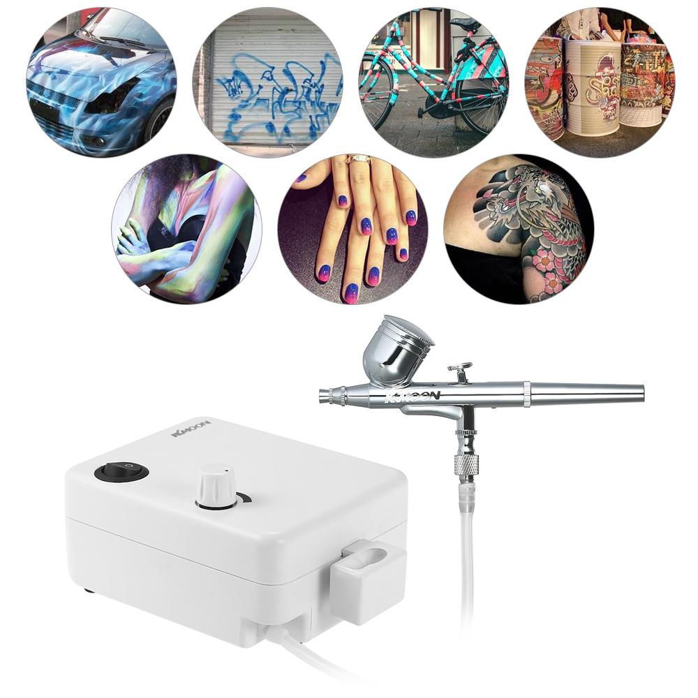 KKmoon Multi-purpose Dual Action Airbrush Mini Air Compressor Set Gravity Feed Air Brush Kit for Art Painting T-attoo Manicure Craft Cake Spray Model Air Brush Nail Tool Set 100-250V